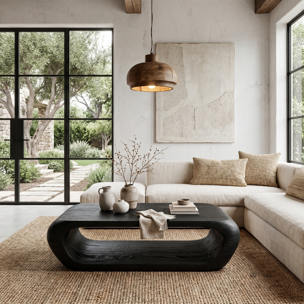 Organic Coffee Table with Open Storage, Solid Wood Living Room Table