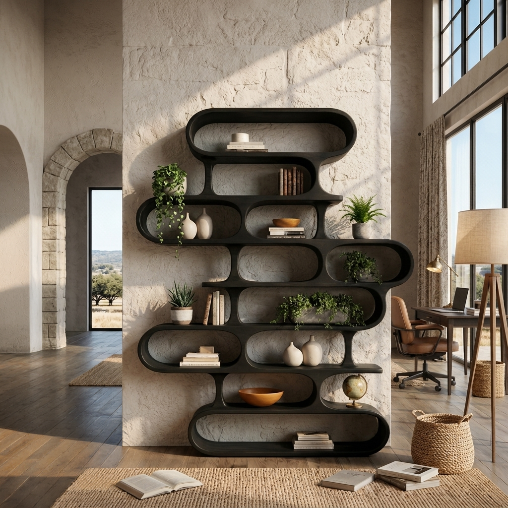 Sculptural Wood Bookshelf, Curved Organic Bookcase for Living Room