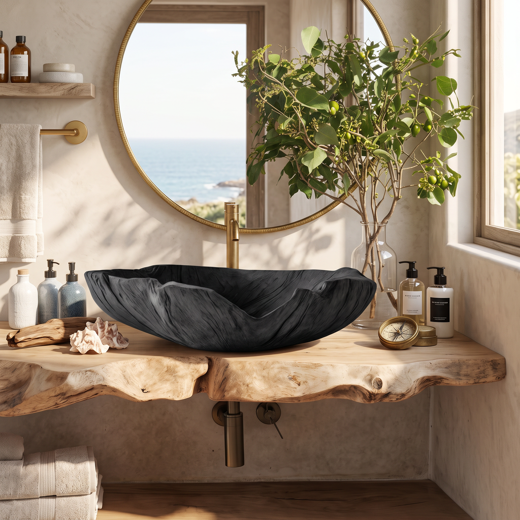 Wooden Vessel Sink, Farmhouse Hand Carved Solid Wood Bathroom Basin