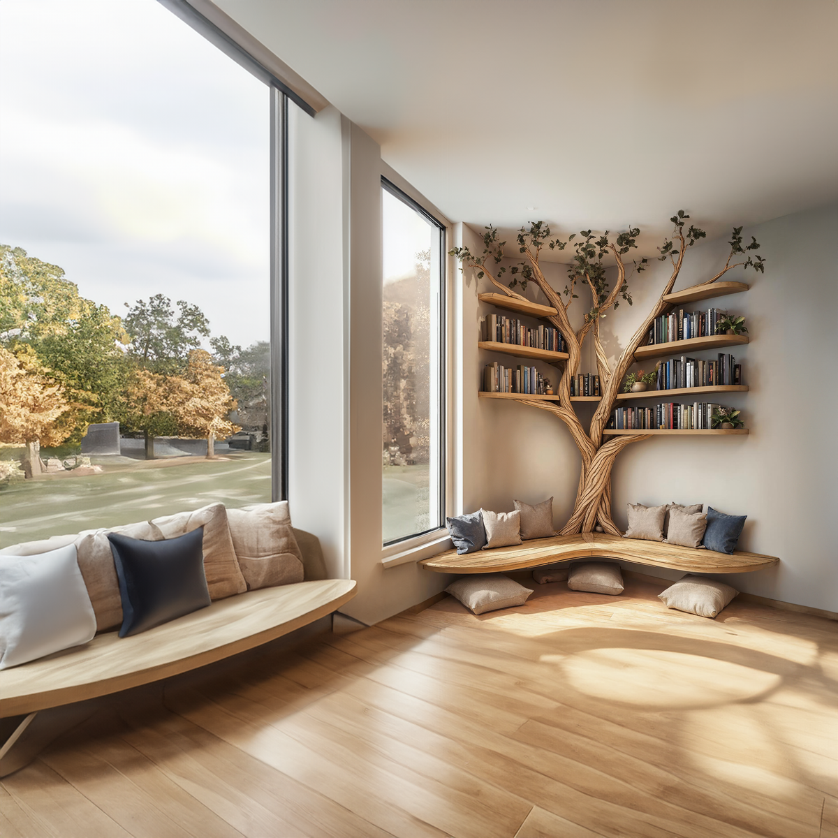 Corner Bench with Tree Bookshelf, L-Shaped Reading Nook Seating