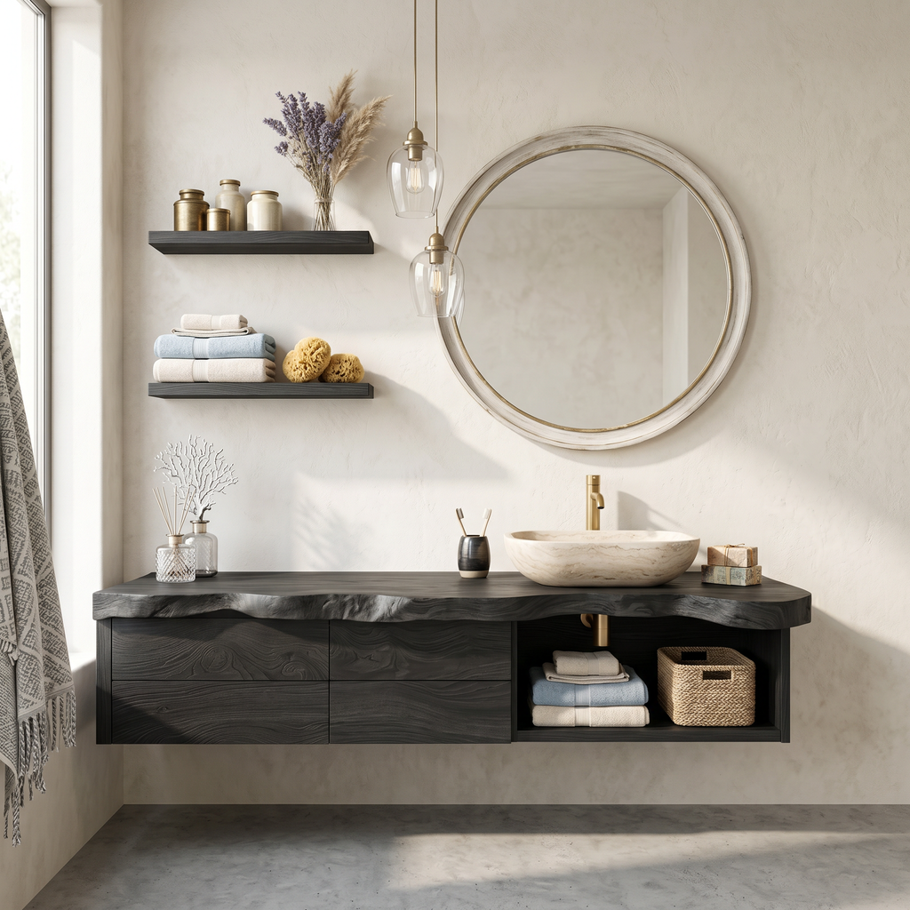 Live Edge Floating Vanity, Rustic Solid Wood Bathroom Vanity Shelf