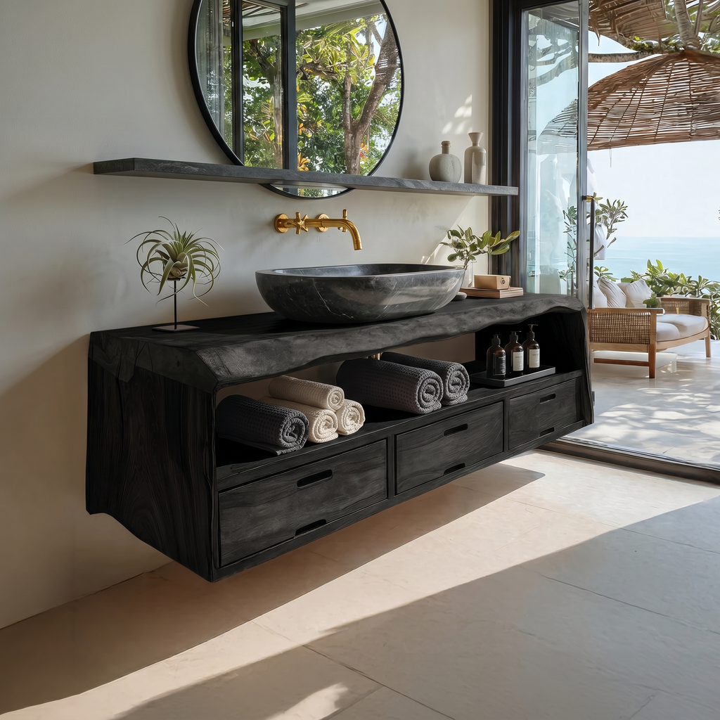Farmhouse Floating Bathroom Vanity, Solid Natural Wood Wall Mount