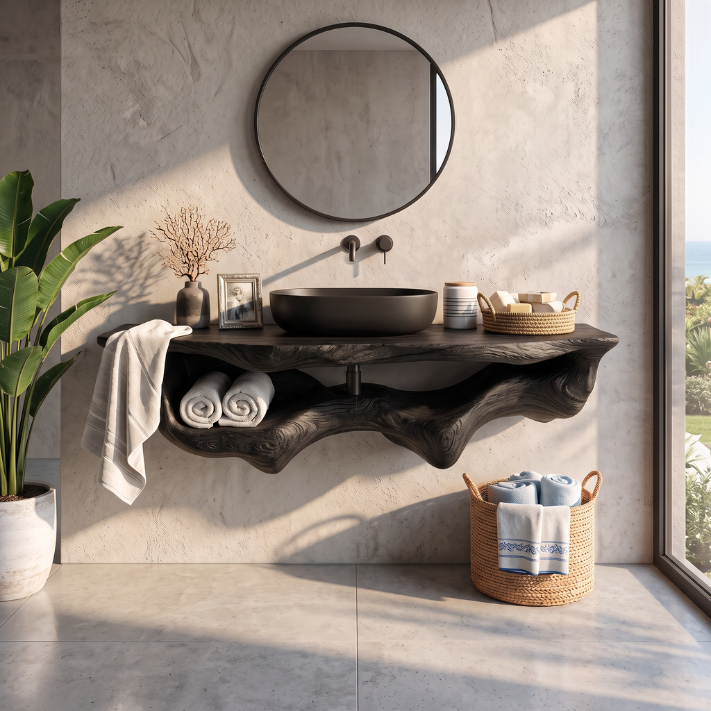 Live Edge Floating Vanity Shelf, Mid Century Wood Bathroom Counter