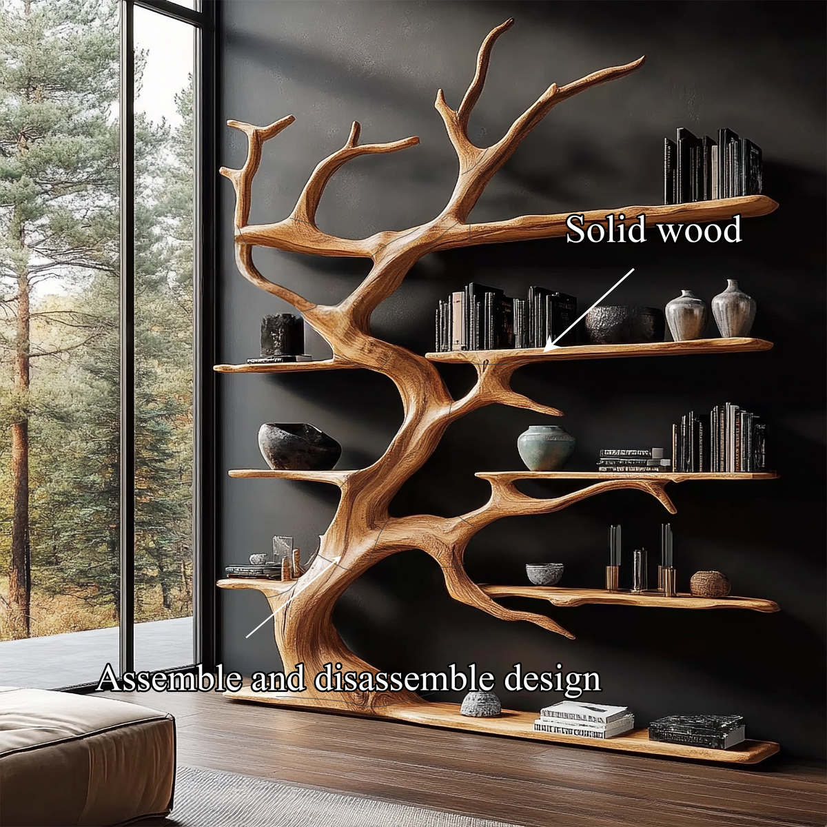 Rustic Tree Branch Bookshelf and Coat Rack for Living Room Decor