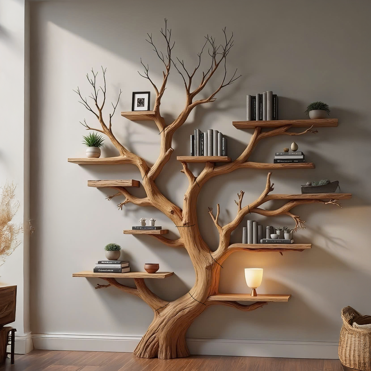 Tree Bookshelf, Wall Mounted Wood Branch Shelf for Living Rooms