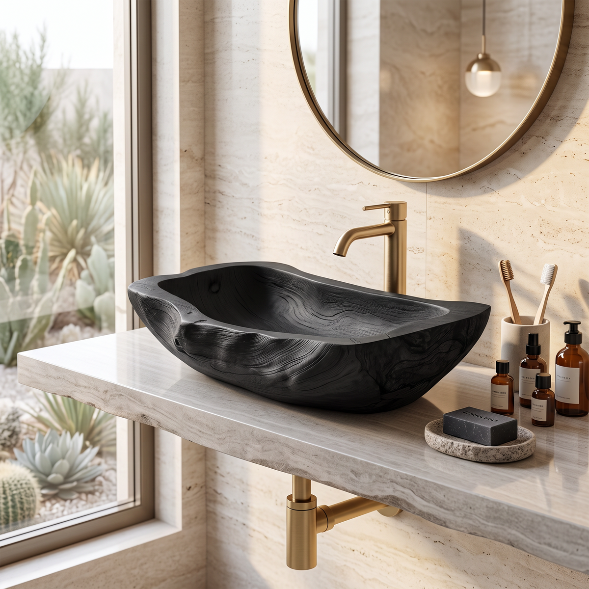 Wooden Vessel Sink, Farmhouse Rustic Hand-Carved Bathroom Basin