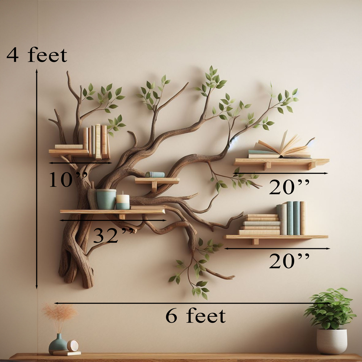 Tree Branch Bookshelf, Wild Mulberry Wood Wall Bookcase with Leaves