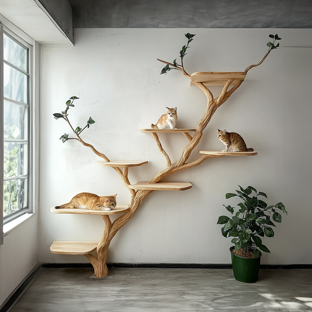 Wooden Cat Tree Tower, Natural Branch Design for Living Rooms