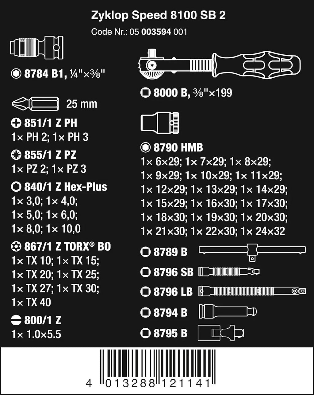 8100 SB 2 Zyklop 3/8 Inch Metric Ratchet Set, 43 Piece - 05003594001