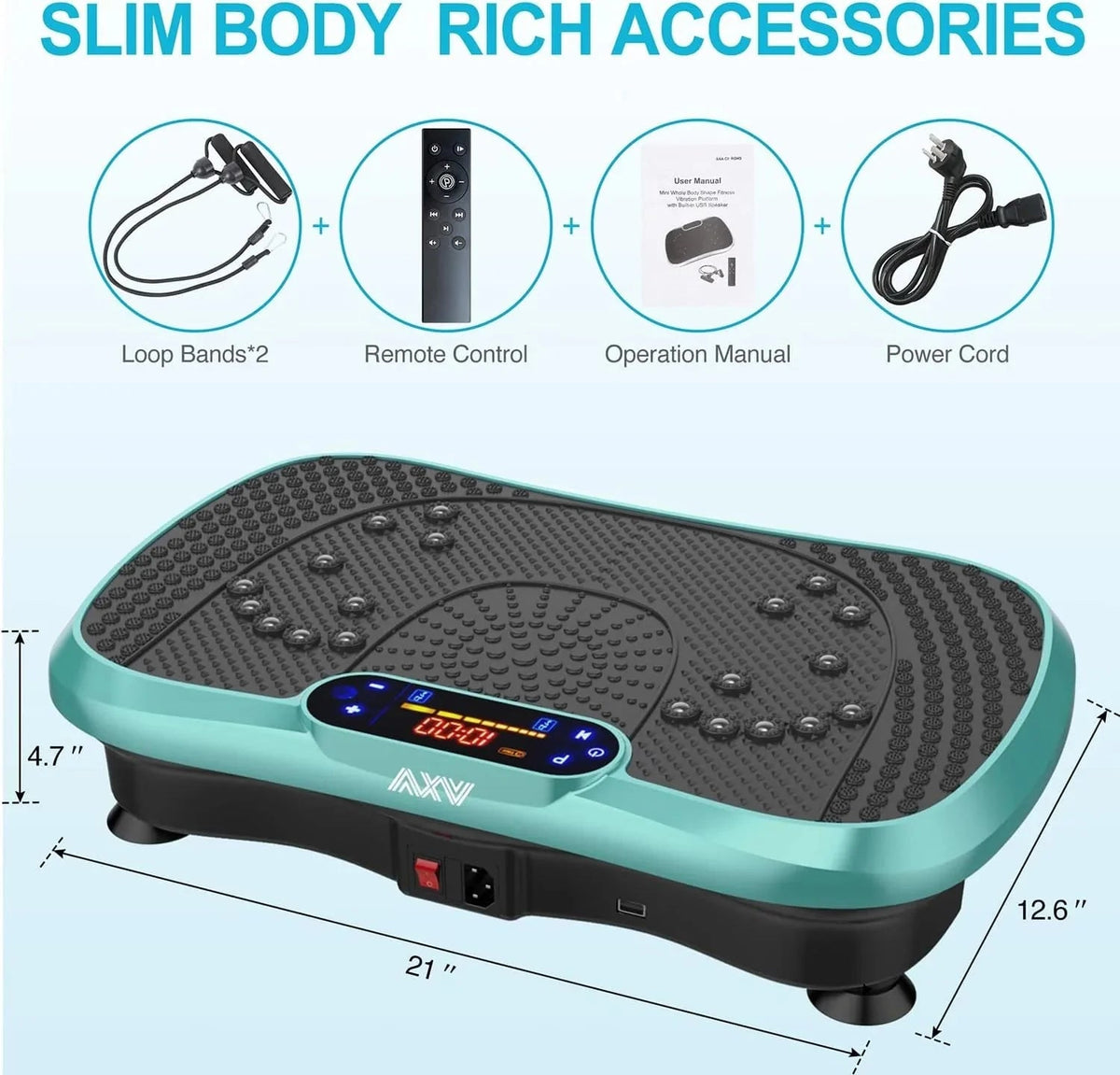 AXV Vibration Plate Fitness Platform, Gray, 2 Resistance Bands - Slim-Gray