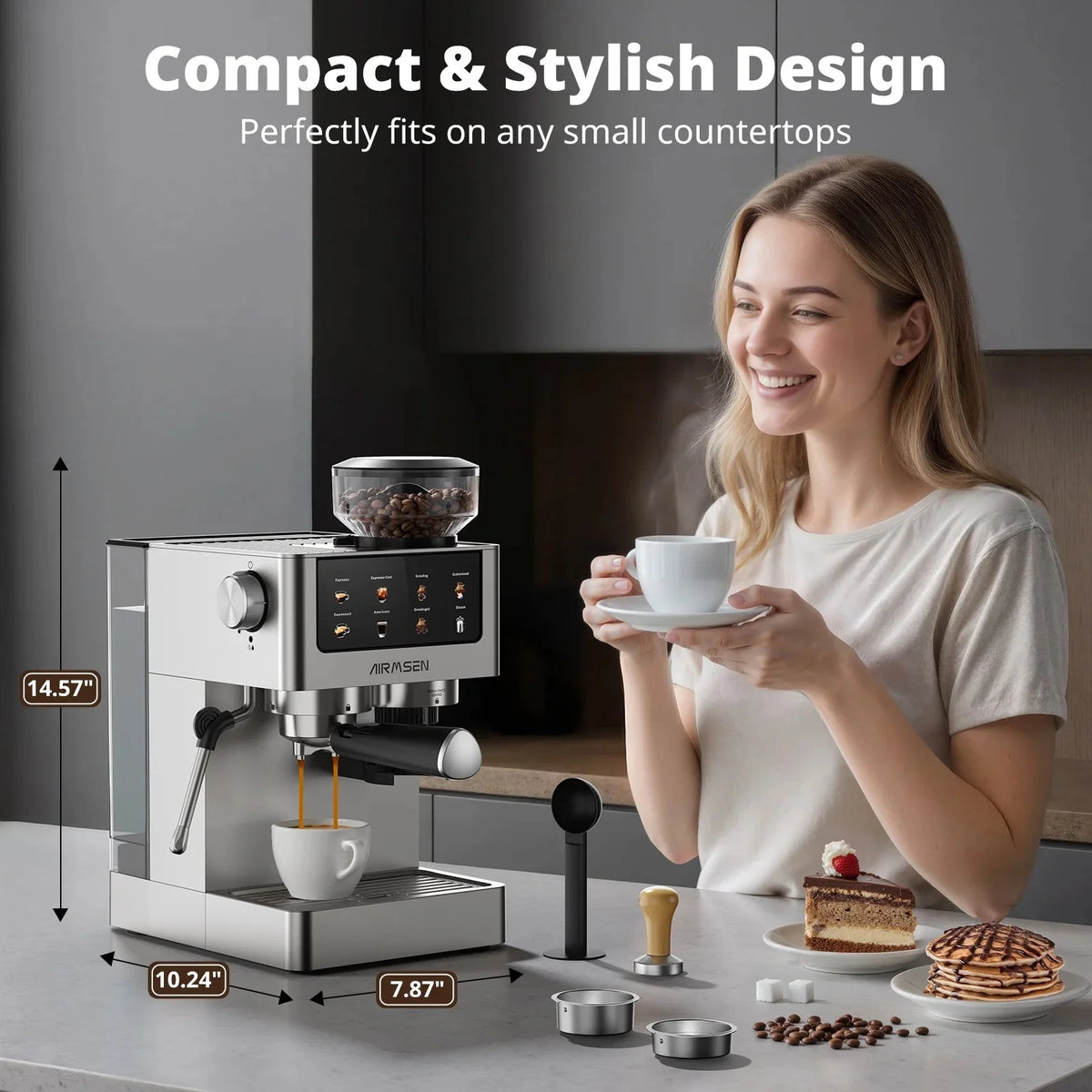 AIRMSEN Espresso Machine With Grinder, 20-Bar, 1350W, 63oz, Brushed Stainless Steel