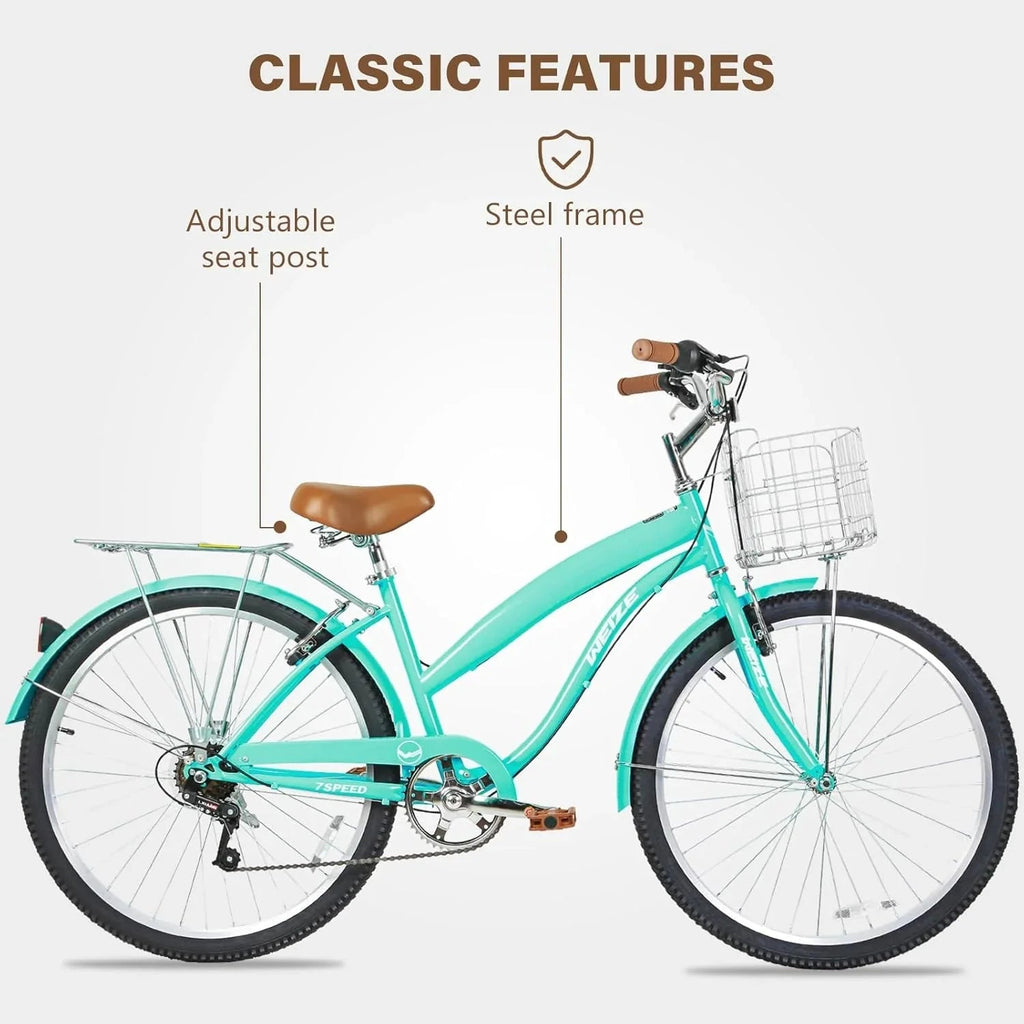 WEIZE 26 Inch 7-Speed High-Carbon Steel Beach Cruiser Bike