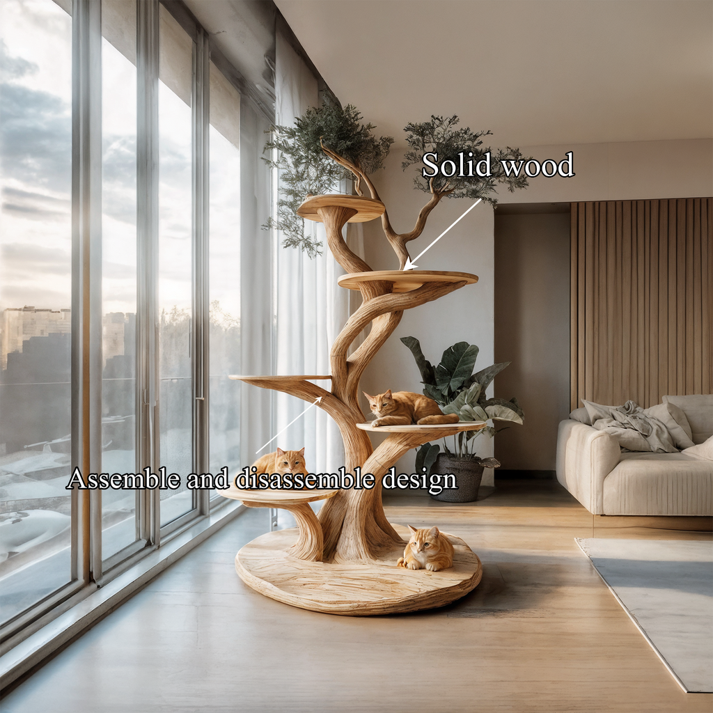 Wooden Cat Tree Tower, Large Modern Climbing Tree in Solid Wood
