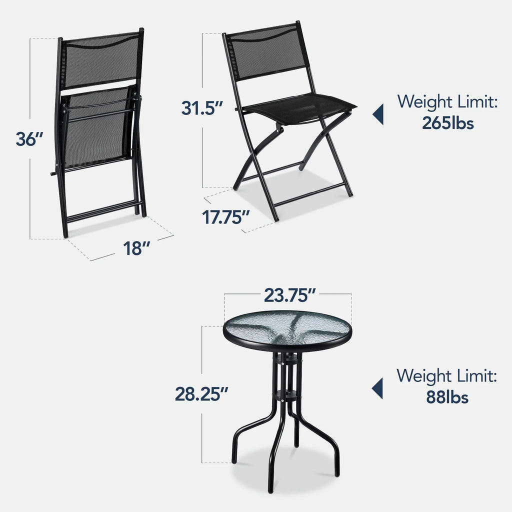 Best Choice Products 3-Piece Patio Bistro Dining Set With Glass Tabletop And Folding Chairs - Gray