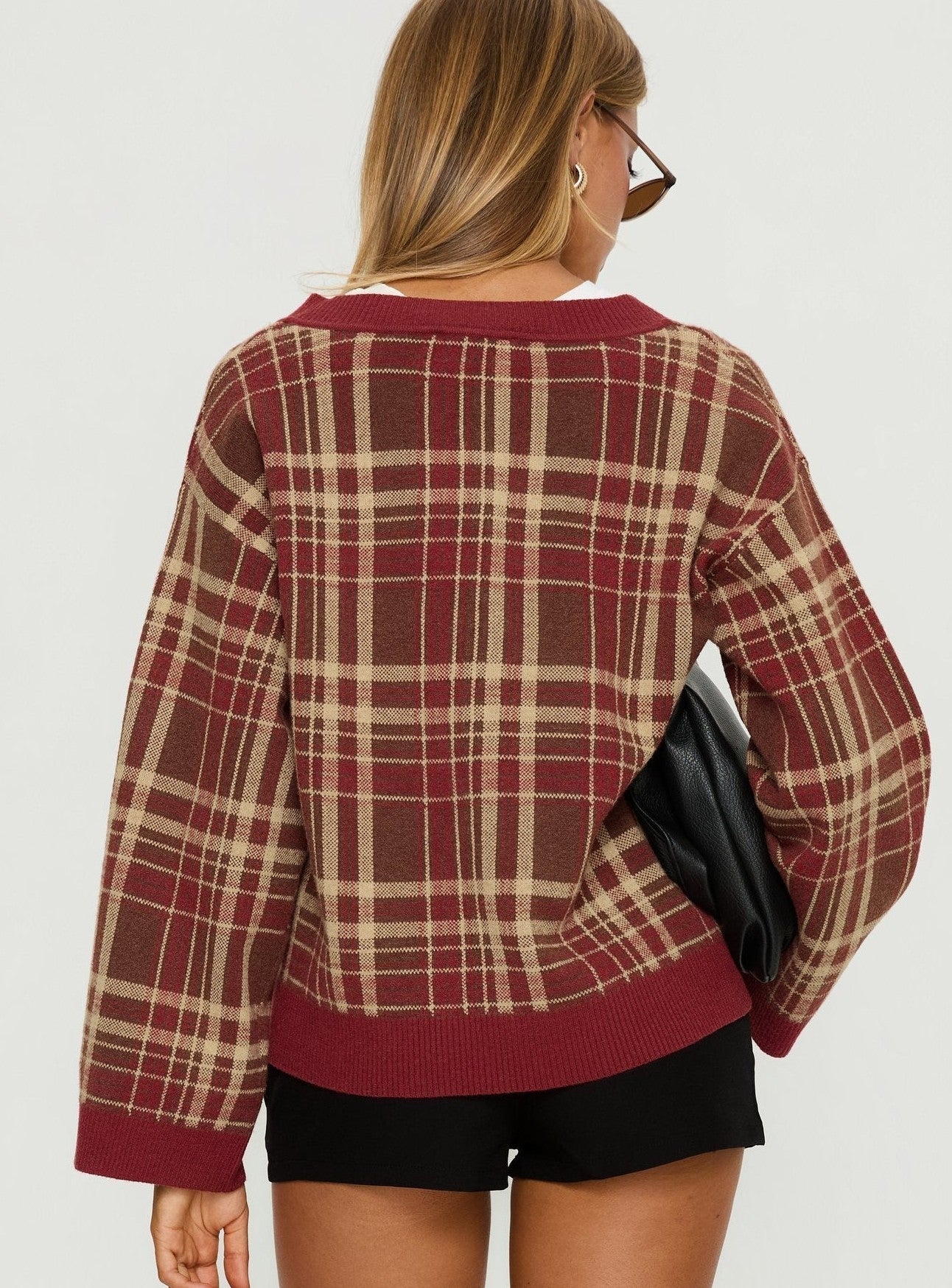 V Neck Knit Sweater Red Plaid