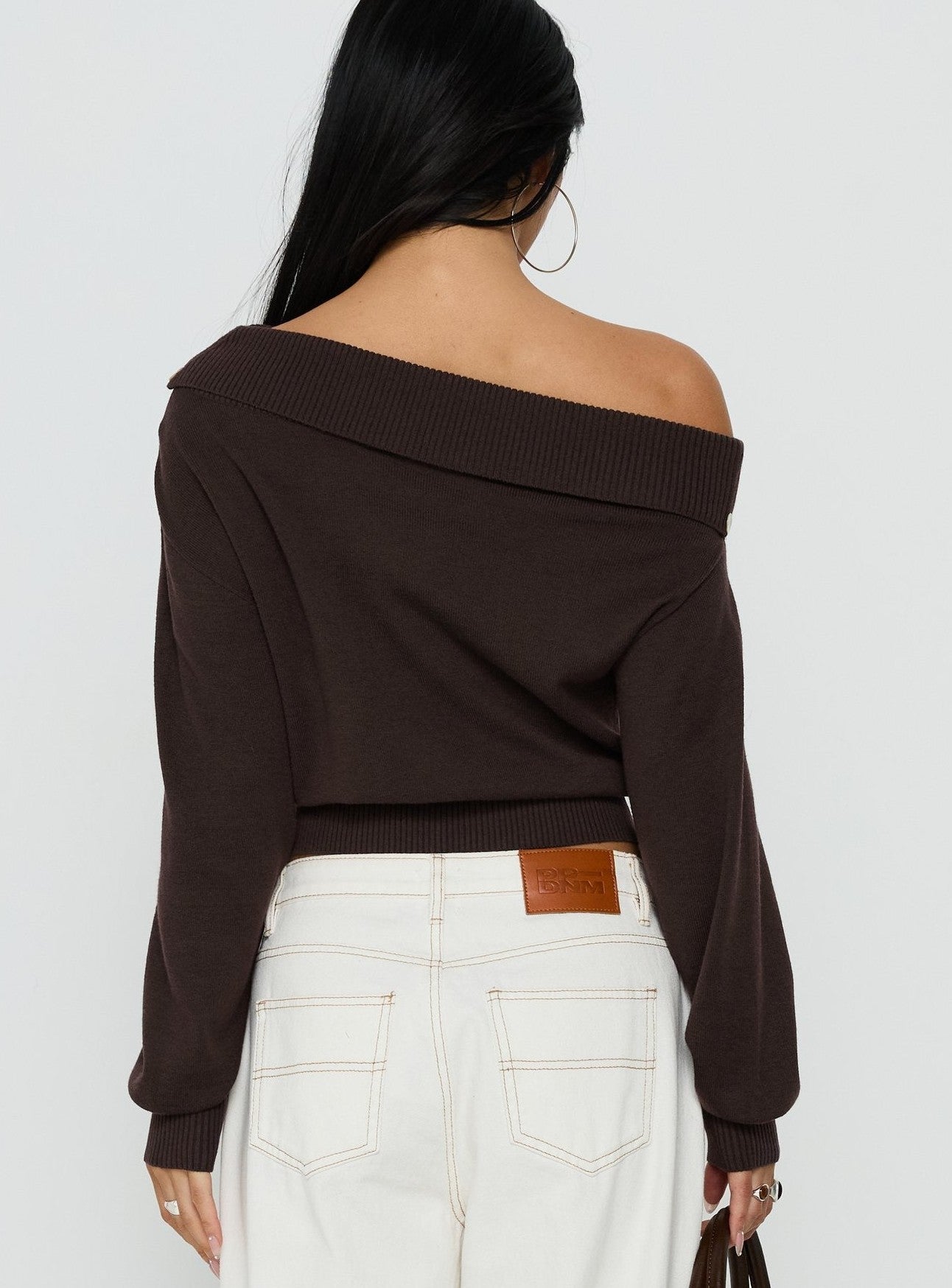 Off Shoulder Foldover Sweater Brown