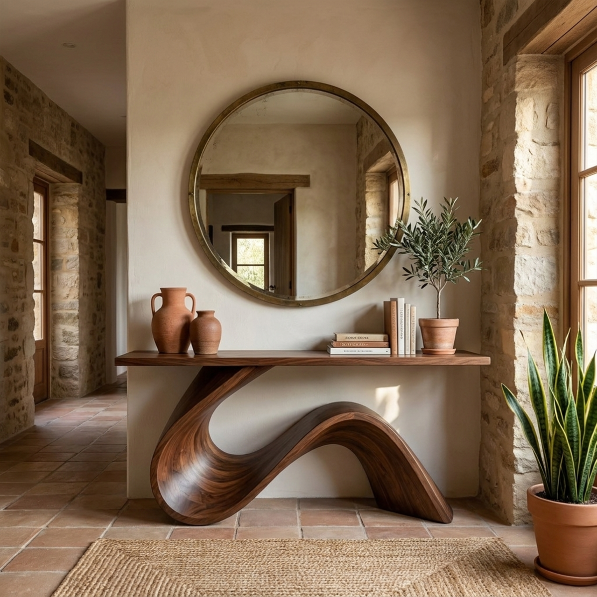 Console Table, Flowing Sculpted Solid Wood Entryway and Hallway Table