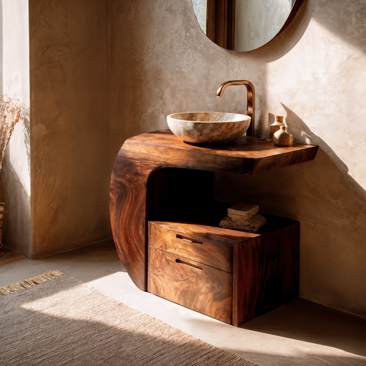 Bathroom Vanity with Storage, Modern Organic Natural Wood Sink Console