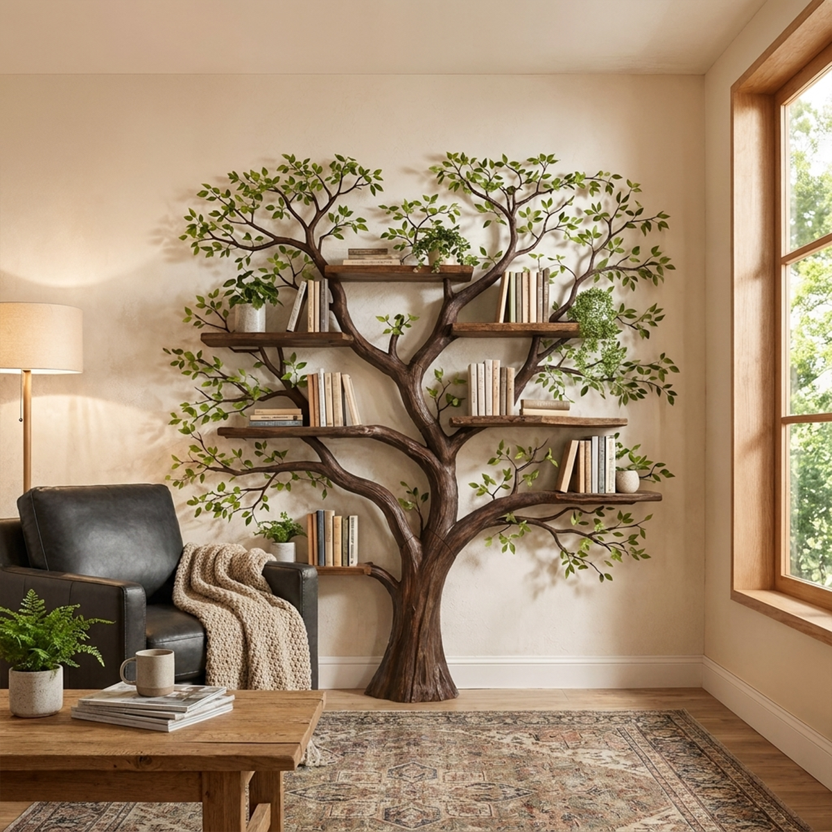 Wall Mounted Tree Bookcase, Floating Branch Display Shelf in Wood