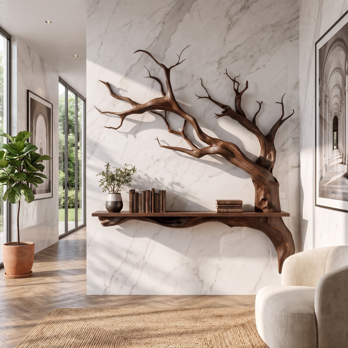 Tree Branch Wall Shelf, Rustic Solid Wood Floating Shelf with Branch