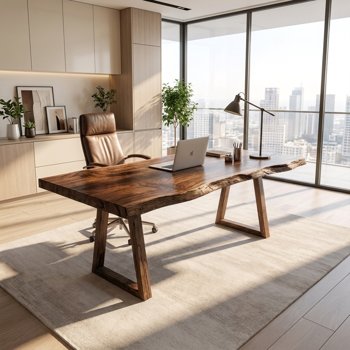 Rustic Work Desk, Natural Hardwood Desk for Bedroom and Studio