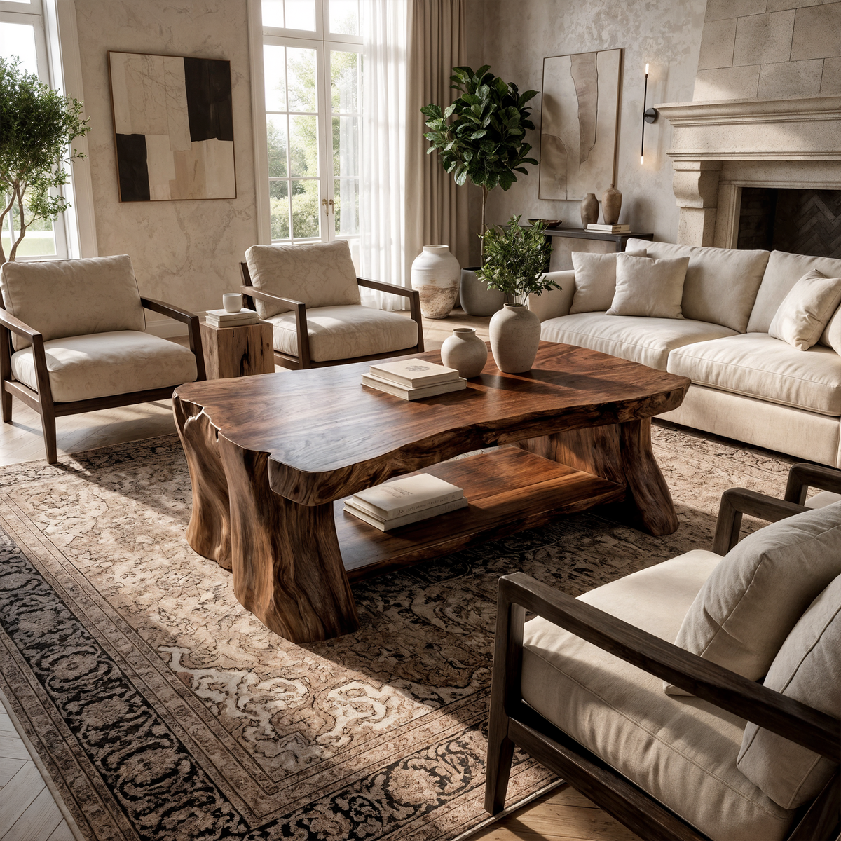 Slab Wood Coffee Table, Rustic Solid Tamarind Center Table