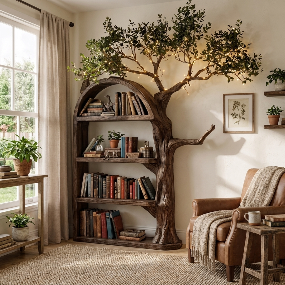 Rustic Tree Bookshelf, Wall Mounted Branch Display for Living Room
