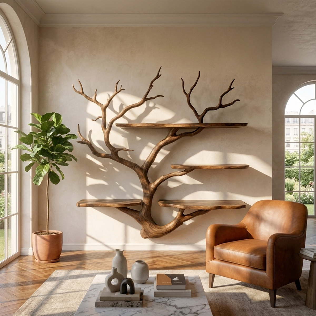 Sculptural Tree Wall Shelf, Branch Floating Bookshelf for Art Studio