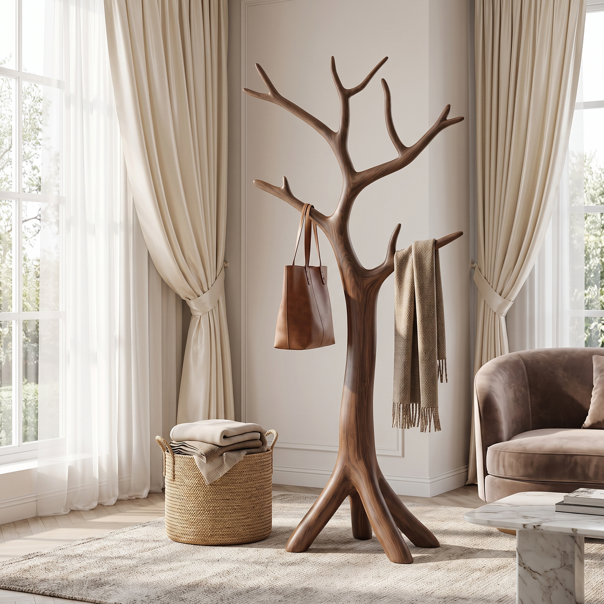 Mid Century Coat Rack, Natural Branch Wood Coat Tree for Bedroom
