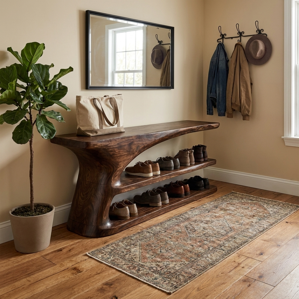 Hallway Shoe Bench, Mid Century Natural Wood Storage Bench