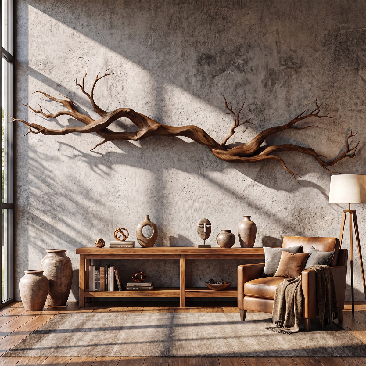Carved Vine Wood Wall Sculpture, Modern Solid Wood Statement Wall Art