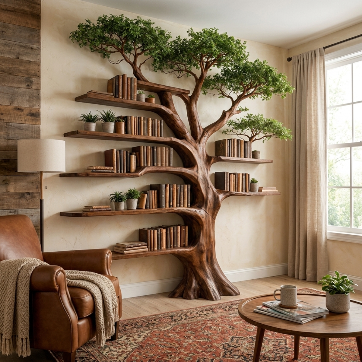 Tree Bookcase with Built-In Reading Bench, Nature Inspired Display