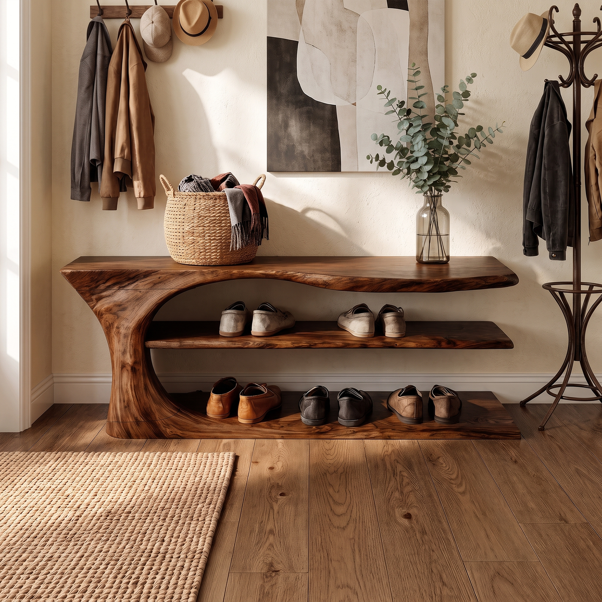 Shoe Storage Bench, Mid Century Handcrafted Solid Wood Entryway Seat