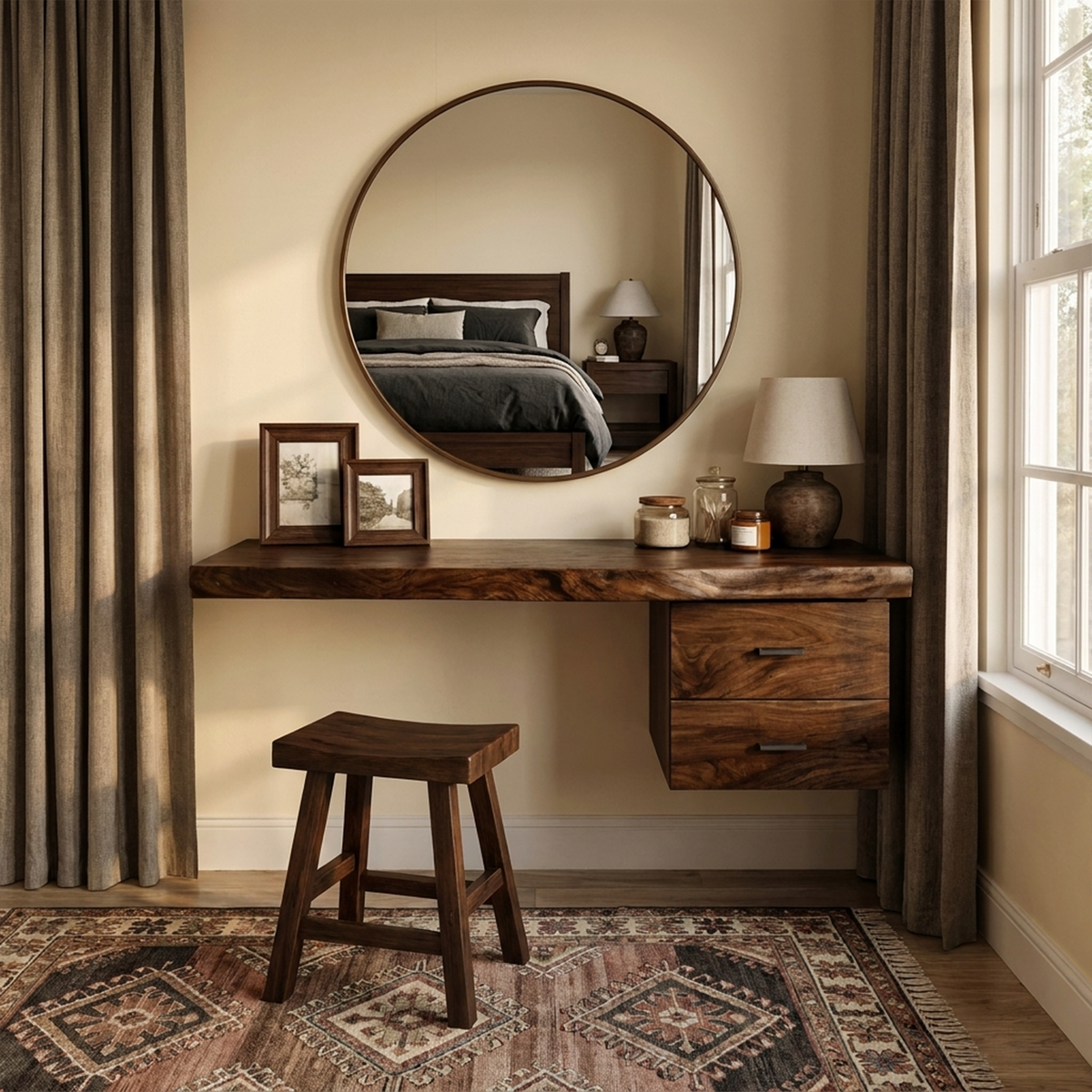 Floating Dressing Table with Drawer, Modern Organic Solid Wood Vanity