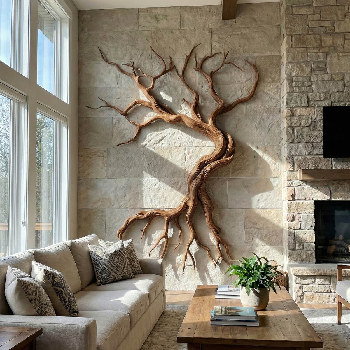 Tree Branch Wall Sculpture, Carved Hand and Clover Wood Wall Art