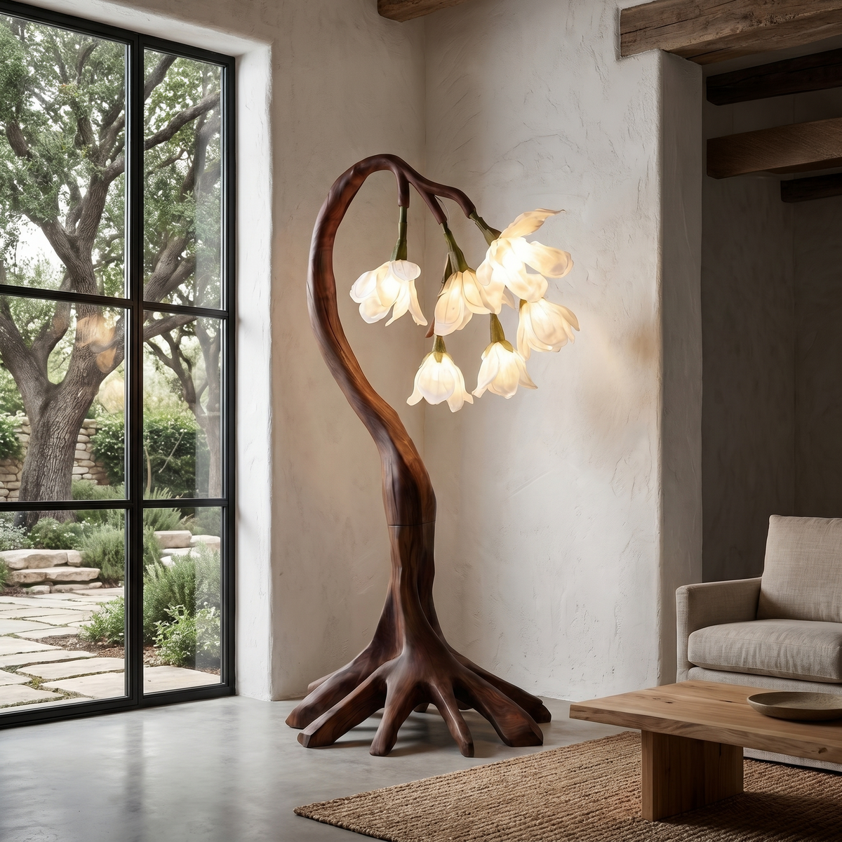Flower Petal Floor Lamp, Sculptural Solid Wood Base Botanical Lighting