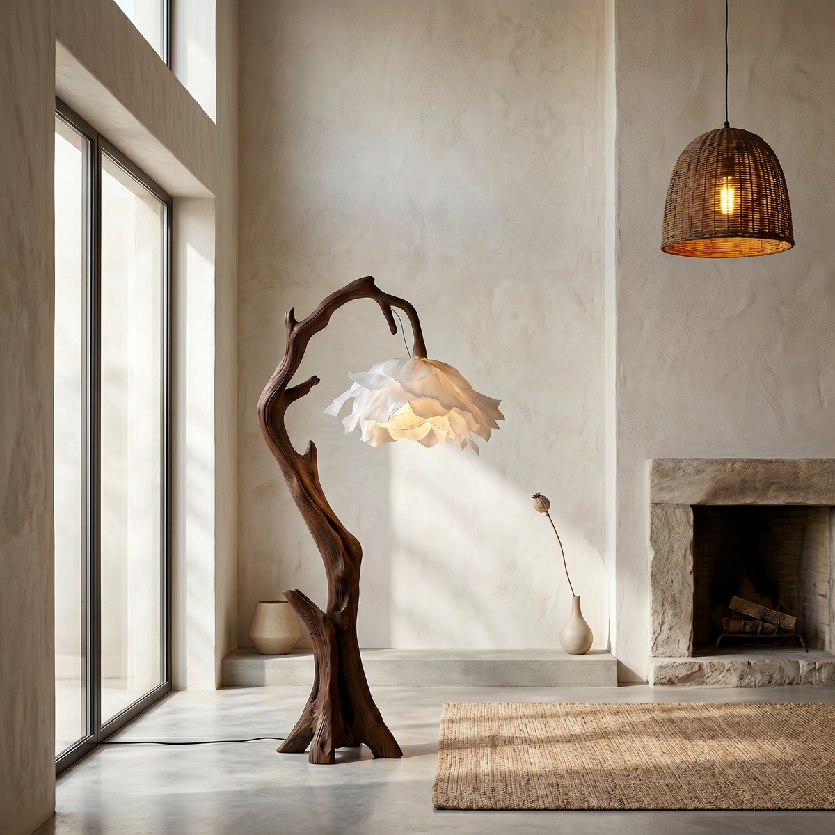 Flower Floor Lamp, Floral Shade Standing Light with Solid Wood Base