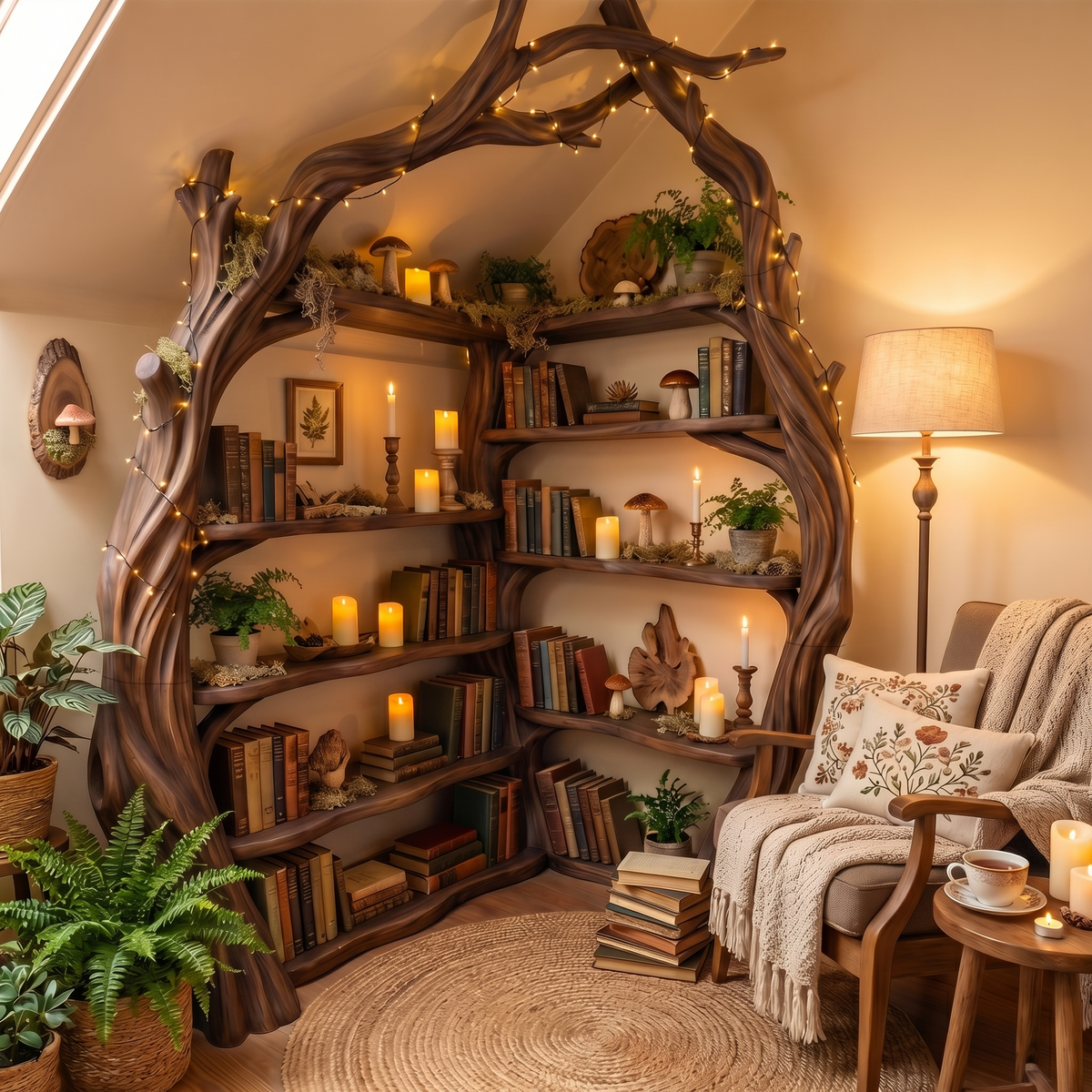 Corner Tree Bookshelf, Tall Wooden Branch Bookcase for Living Room