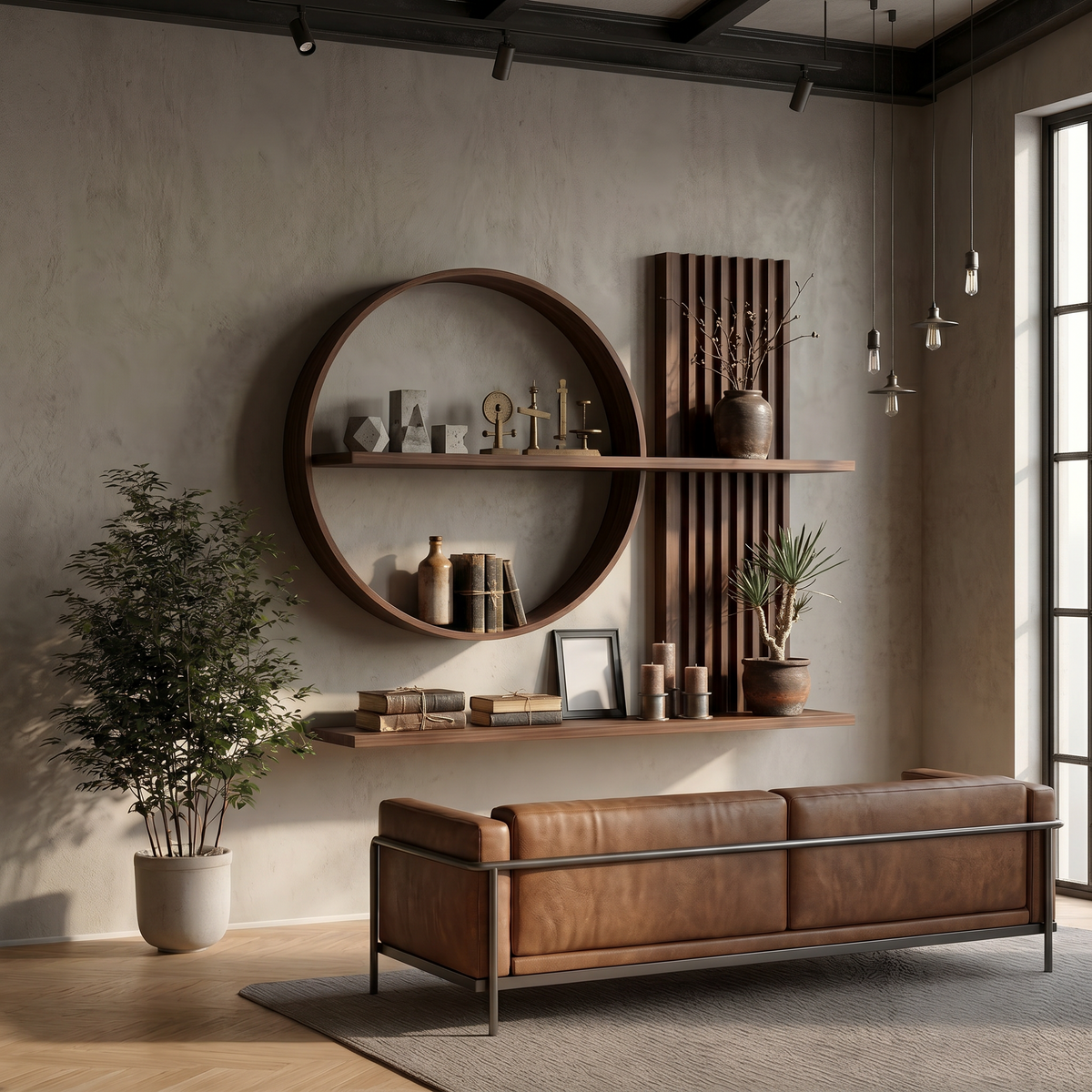 Japandi Wall Shelf, Round Slatted Solid Wood Floating Display Shelf