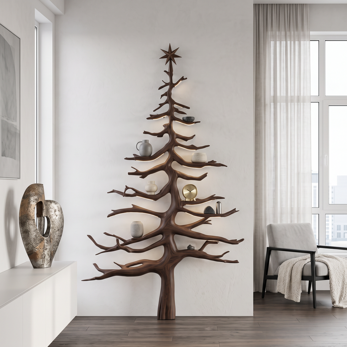Christmas Tree Wall Decor, Rustic Solid Wood Tree Shelf