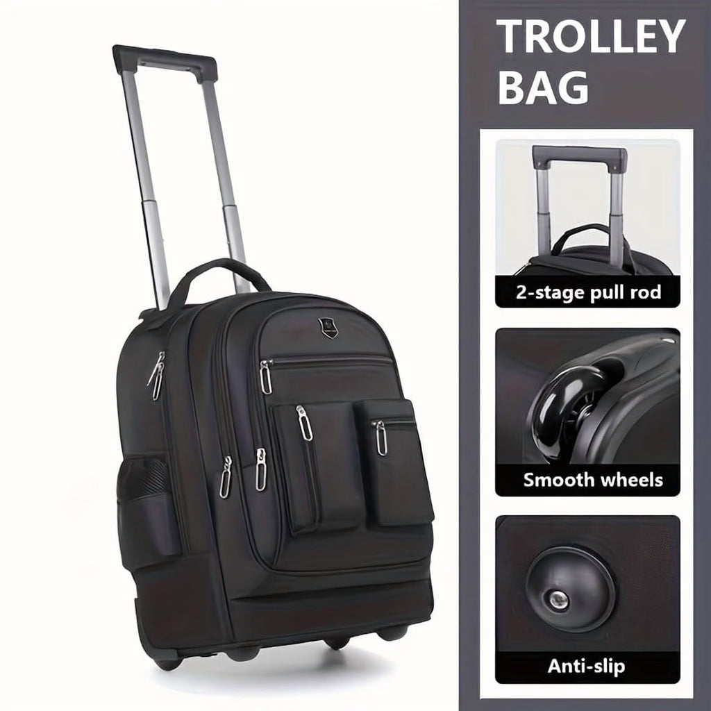 Rolling Backpack With Retractable Handle, Aluminum Frame, Oxford Fabric, Black