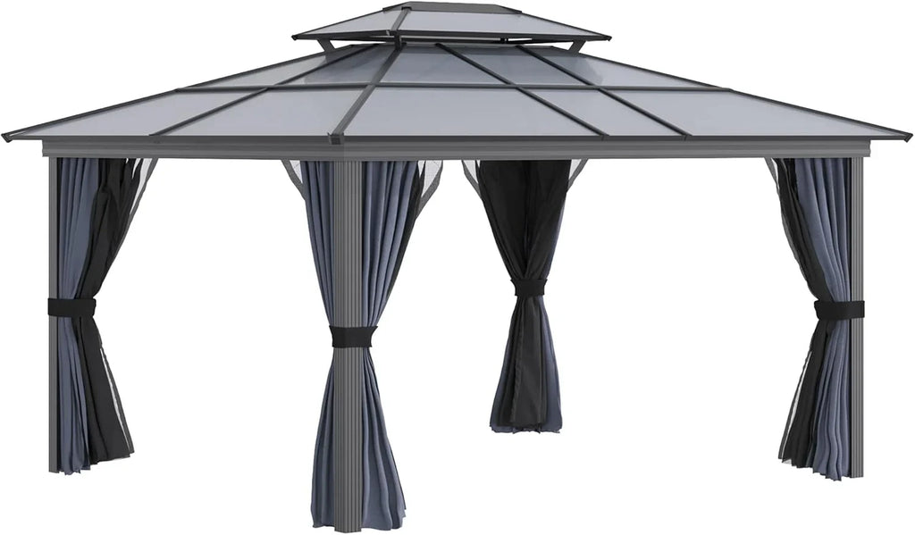 Hard-Top Outdoor Gazebo Canopy, Polycarbonate Roof, Aluminum Frame, 10 Feet X 12 Feet, Light Gray