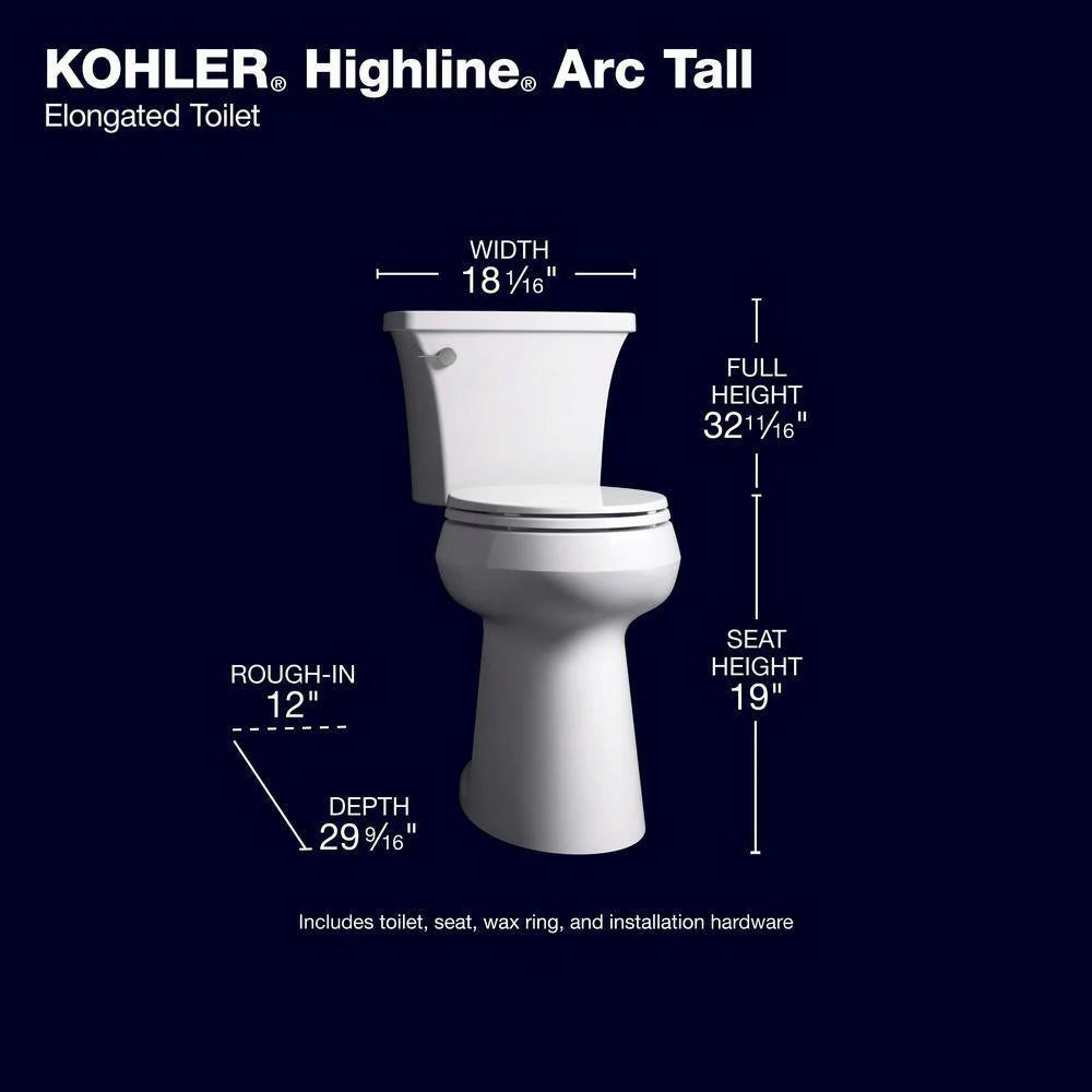 KOHLER Highline Arc Extra Tall Elongated Toilet 1.28 GPF White With Seat