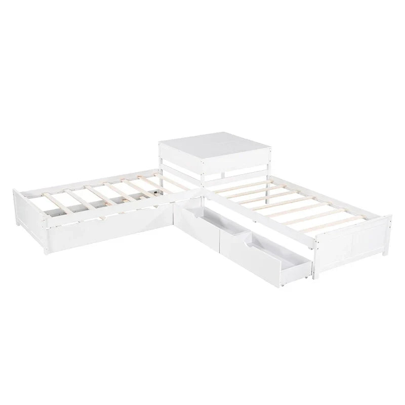 White Twin Size L-Shaped Platform Bed With Trundle And 2 Drawers