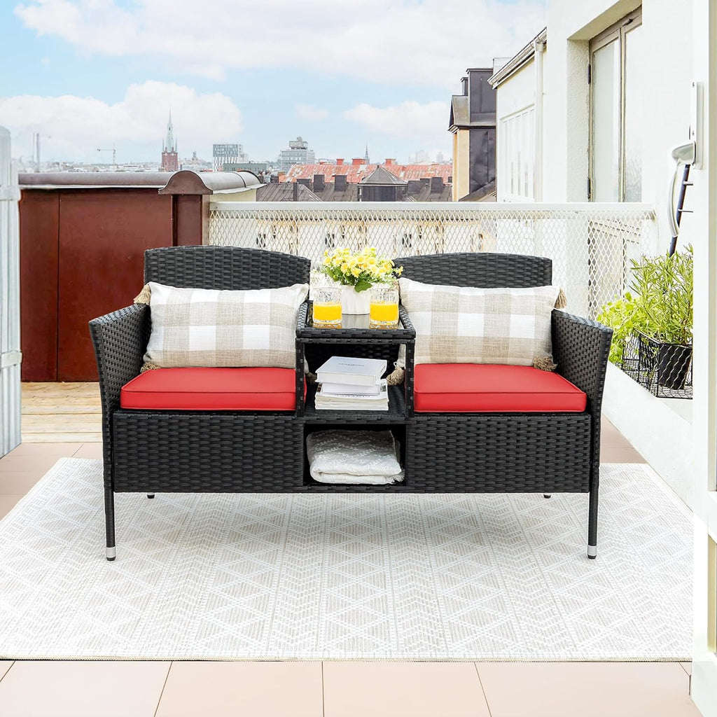 Flamaker Outdoor Wicker Patio Loveseat With Built-In Table And Cushions, Beige - 49.2 x 21.3 x 30.9 in