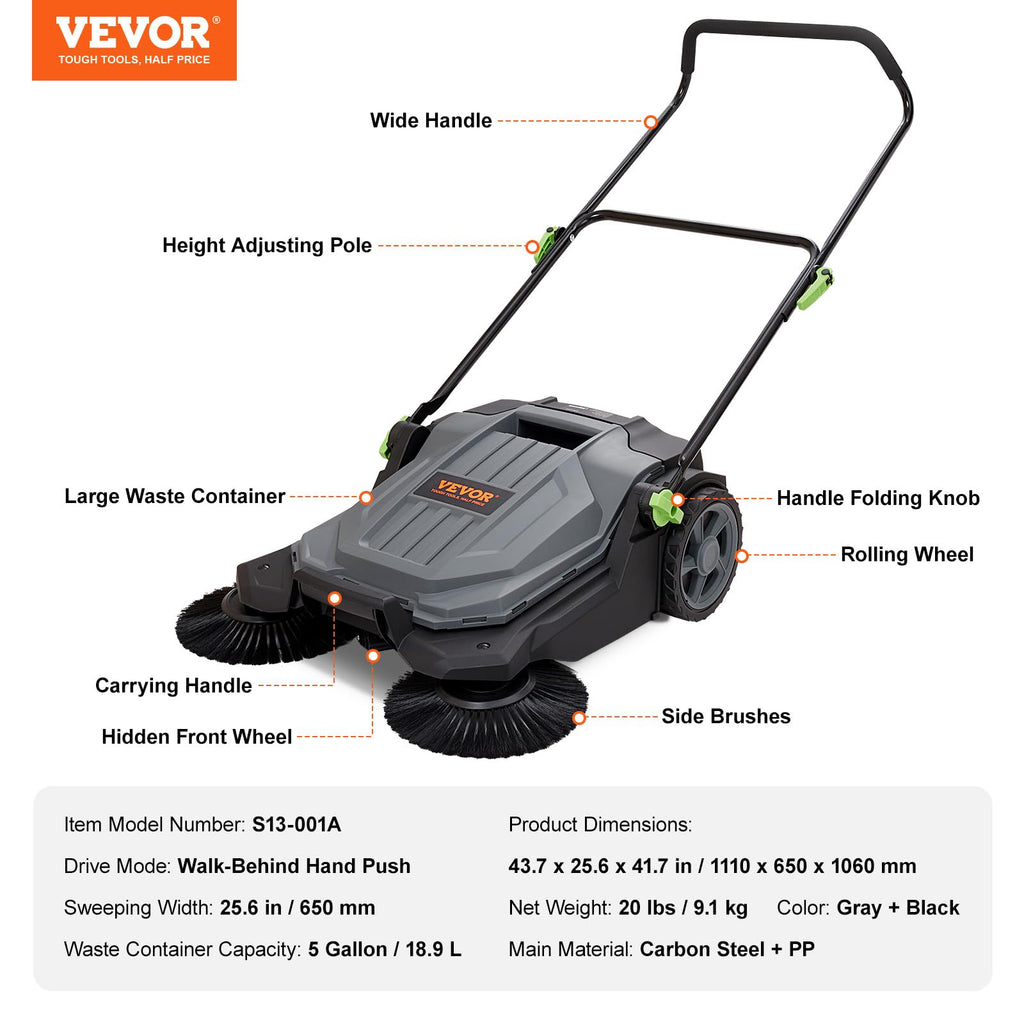 Walk-Behind Hand Push Floor Sweeper, 25.6-Inch Sweeping Path, 5-Gallon Waste Container