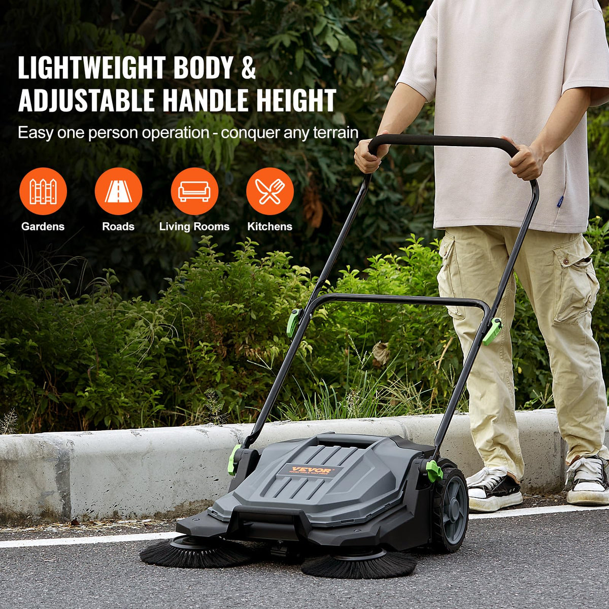 Walk-Behind Hand Push Floor Sweeper, 25.6-Inch Sweeping Path, 5-Gallon Waste Container