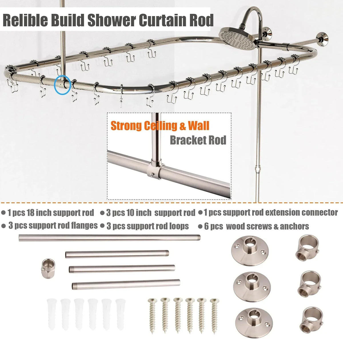 Clawfoot Tub Shower Kit With Bathcock Diverter Faucet And 48 x 27 in Rectangular Curtain Rod - Brushed Nickel