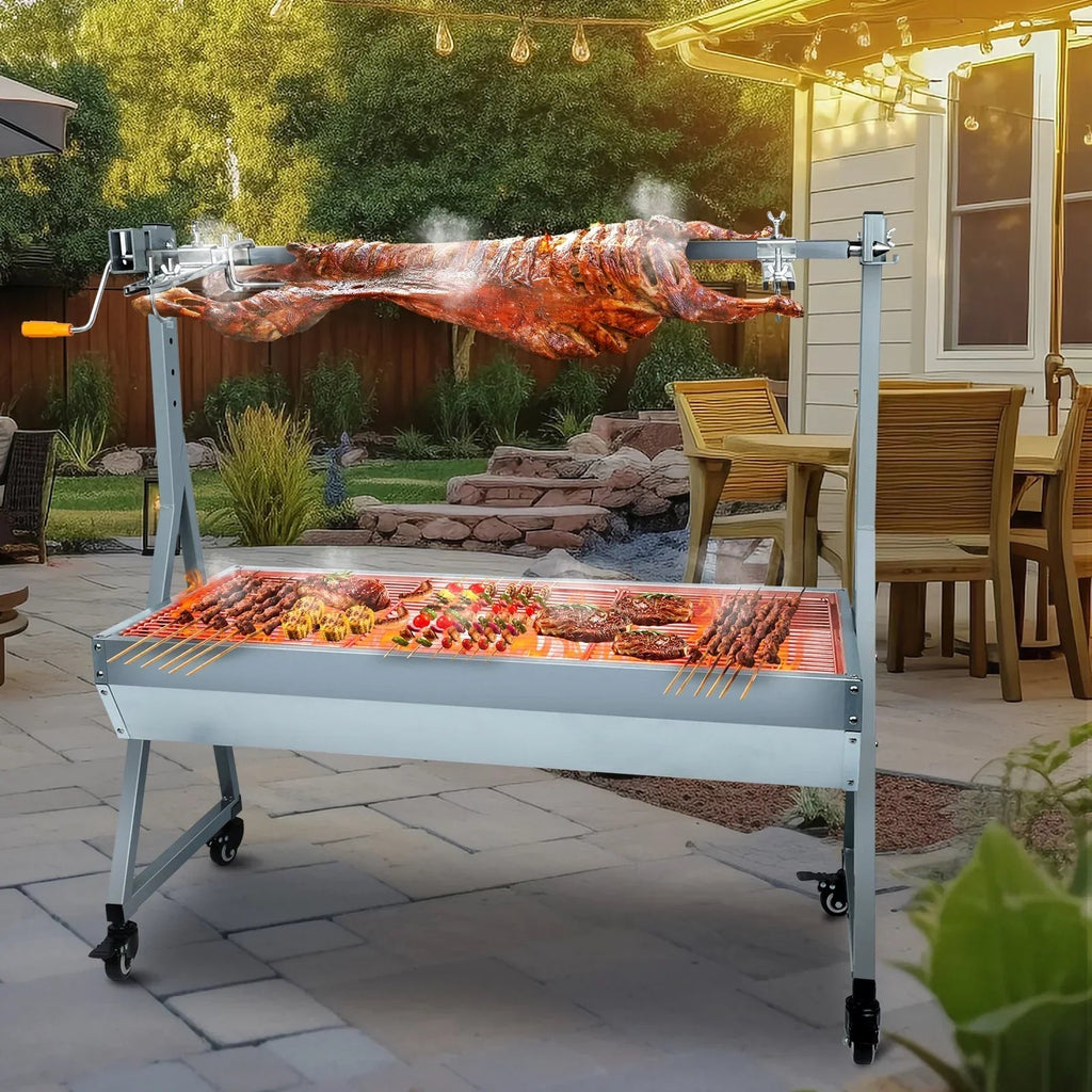 Rocita Charcoal Rotisserie Grill Roaster 132lbs, 38.5in x 18.1in, Stainless Steel, 25W Motor And Hand Crank