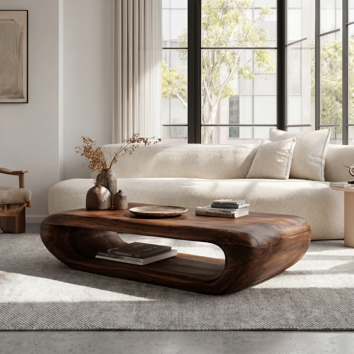 Organic Coffee Table with Open Storage, Solid Wood Living Room Table